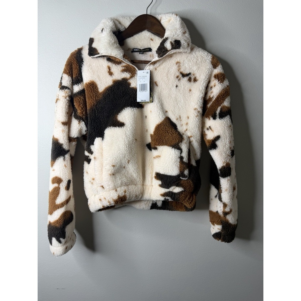 NWT Boutique Cow Print Sherpa Fleece Quarter‎ Zip Cowgirl Western Size Small